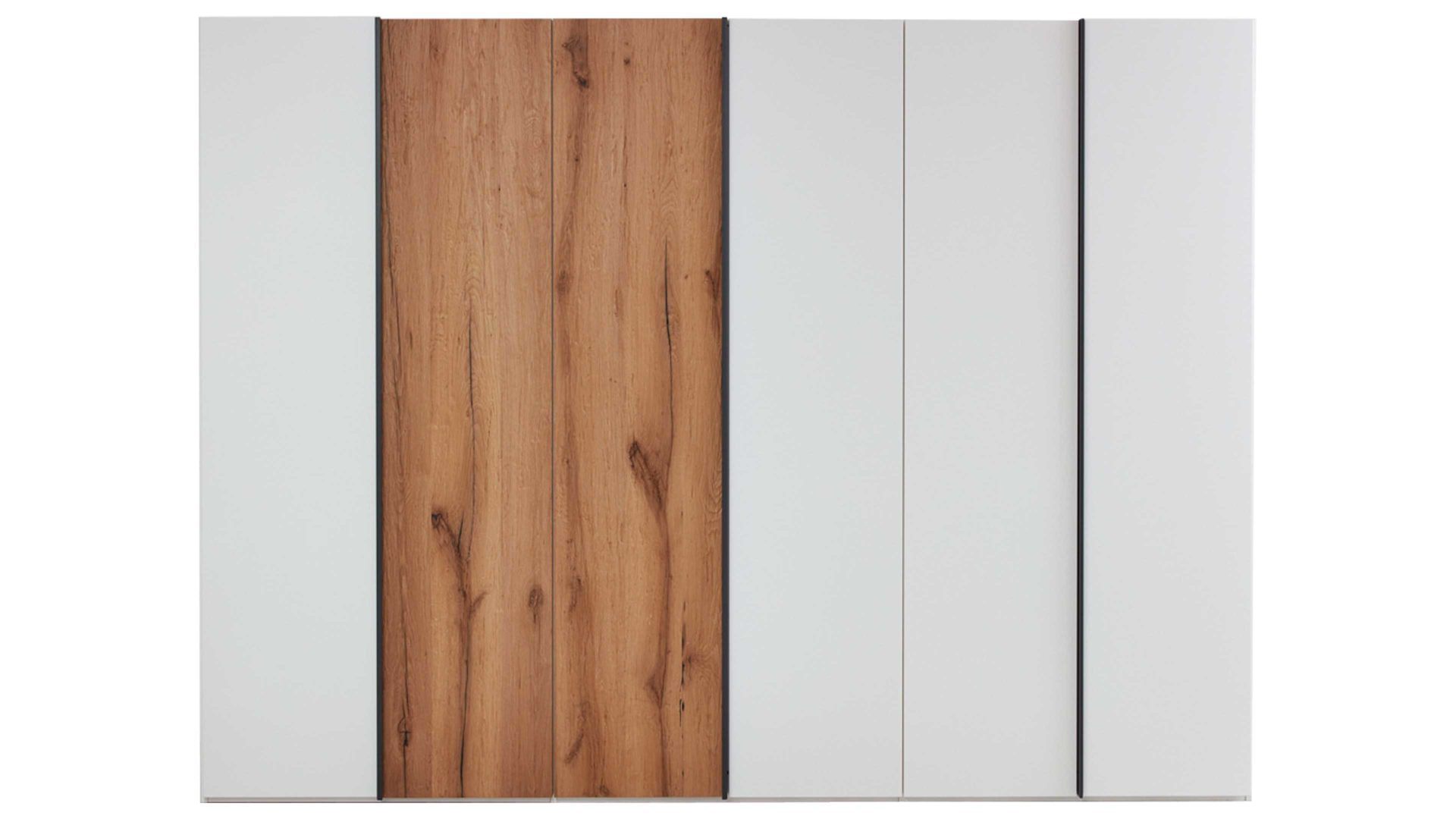 Kleiderschrank Interliving aus Holz in Weiß Interliving Schlafzimmer Serie 1025 – Kleiderschrank Weiß & Balkeneiche gehackt - fünf Türen, Breite ca. 249 cm