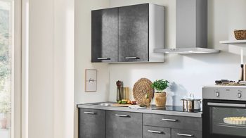 Einbauküche Pino aus Holz in Dunkelgrau pino Einbauküche inklusive Einbaugeräte Graphit- & Lichtgrau - Länge ca. 310 cm