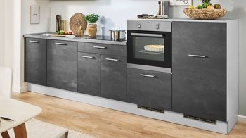 Einbauküche Pino aus Holz in Dunkelgrau pino Einbauküche inklusive Einbaugeräte Graphit- & Lichtgrau - Länge ca. 310 cm