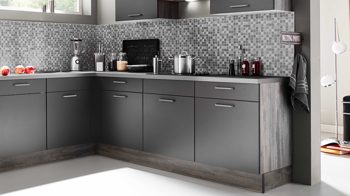 Einbauküche Pino aus Holz in Grau pino Einbauküche inklusive Einbaugeräte Grafit & Platingrau - Stellfläche ca. 335 x 246 cm