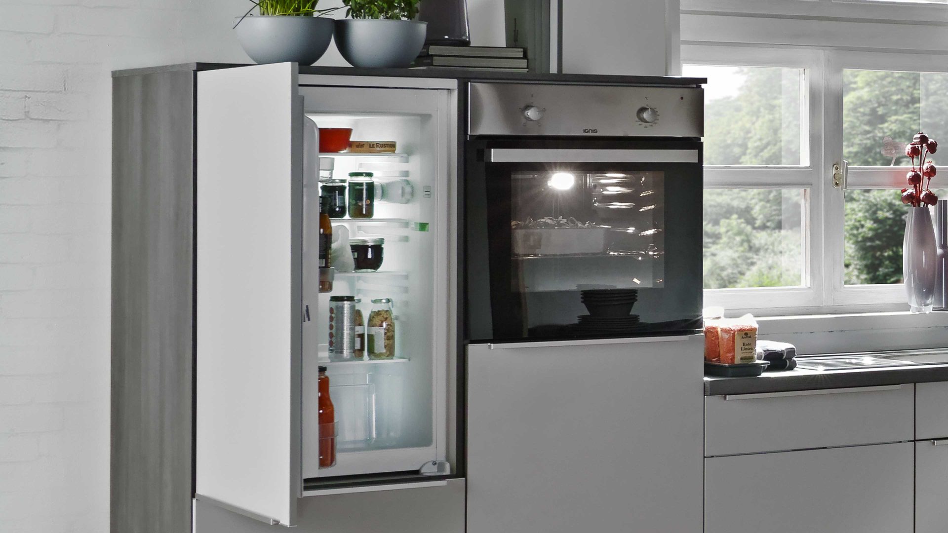 Einbauküche Express küchen aus Holz in Hellgrau EXPRESS KÜCHEN Einbauküche Win mit Geräten Hellgrau & Eiche grau - Stellfläche ca. 305 x 230 cm