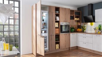 Einbauküche Express küchen aus Holz in Holzfarben EXPRESS KÜCHEN Einbauküche Plan mit privileg-Geräten Eiche astig & Beton steinweiß - Stellfläche ca. 293 x 285 cm