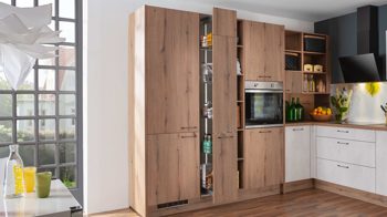 Einbauküche Express küchen aus Holz in Holzfarben EXPRESS KÜCHEN Einbauküche Plan mit privileg-Geräten Eiche astig & Beton steinweiß - Stellfläche ca. 293 x 285 cm