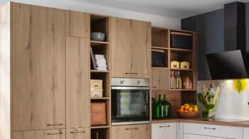 Einbauküche Express küchen aus Holz in Holzfarben EXPRESS KÜCHEN Einbauküche Plan mit privileg-Geräten Eiche astig & Beton steinweiß - Stellfläche ca. 293 x 285 cm