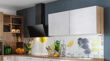 Einbauküche Express küchen aus Holz in Holzfarben EXPRESS KÜCHEN Einbauküche Plan mit privileg-Geräten Eiche astig & Beton steinweiß - Stellfläche ca. 293 x 285 cm