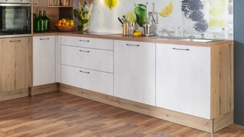 Einbauküche Express küchen aus Holz in Holzfarben EXPRESS KÜCHEN Einbauküche Plan mit privileg-Geräten Eiche astig & Beton steinweiß - Stellfläche ca. 293 x 285 cm