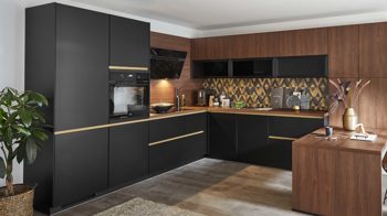 Einbauküche Nobilia® aus Holz in Holzfarben Dunkel nobilia® Einbauküche Touch mit PROGRESS Elektrogeräten Schwarz & Nussbaum - Stellfläche ca. 306 x 366 cm