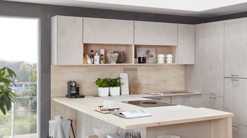 Einbauküche Nobilia® aus Holz in Holzfarben Hell nobilia® Einbauküche Riva mit BORA Muldenlüfter Beton Sand & Eiche Montreal - Stellfläche ca. 304 x 319 cm