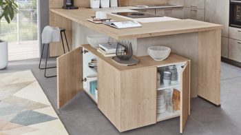 Einbauküche Nobilia® aus Holz in Holzfarben Hell nobilia® Einbauküche Riva mit BORA Muldenlüfter Beton Sand & Eiche Montreal - Stellfläche ca. 304 x 319 cm