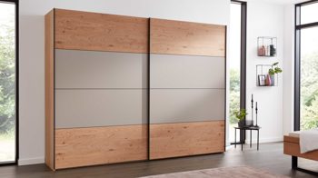 Kleiderschrank Interliving aus Holz in Grau Interliving Schlafzimmer Serie 1024 – Schwebetürenschrank 983344 Design 25,  Taupe & Balkeneiche - zwei Türen, Breite ca. 331 cm