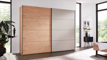 Kleiderschrank Interliving aus Holz in Grau Interliving Schlafzimmer Serie 1024 – Schwebetürenschrank Design 28,  Taupe & Balkeneiche - zwei Türen, Breite ca. 331 cm
