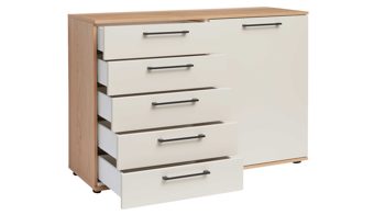 Kombikommode Interliving aus Holz in Beige Interliving Schlafzimmer Serie 1024 – Kombikommode rechts eine Tür, links fünf Schubladen - Sand & Balkeneiche, Breite ca. 120 cm