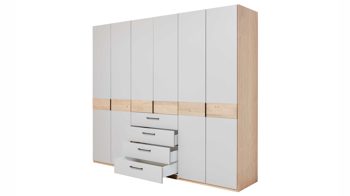 Kleiderschrank Interliving aus Holz in Grau Interliving Schlafzimmer Serie 1023 – Funktionsschrank Taupe & Balkeneiche - sechs Türen, drei Schubladen, Breite ca. 269 cm