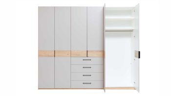 Kleiderschrank Interliving aus Holz in Grau Interliving Schlafzimmer Serie 1023 – Funktionsschrank Taupe & Balkeneiche - sechs Türen, drei Schubladen, Breite ca. 269 cm