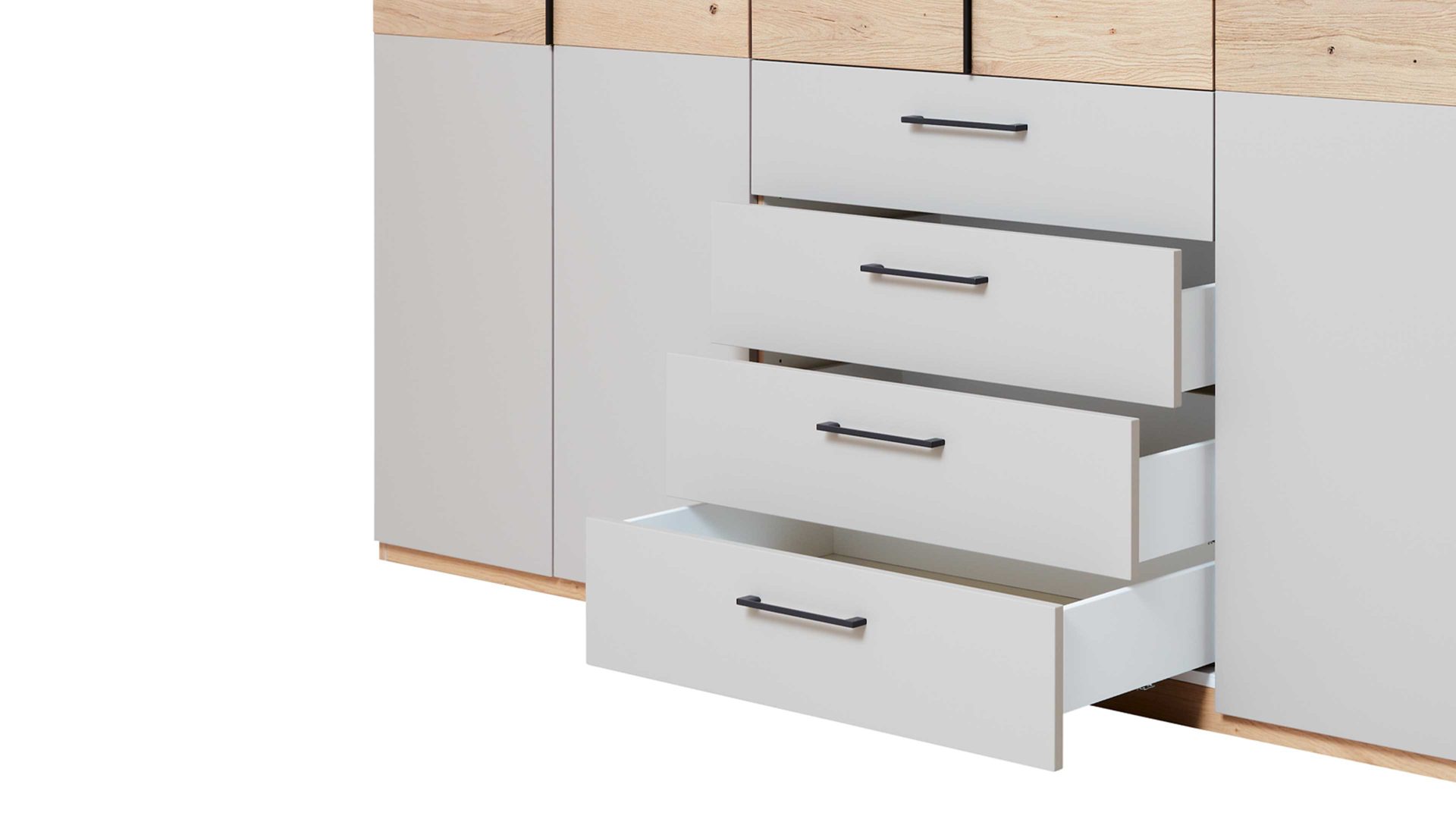 Kleiderschrank Interliving aus Holz in Grau Interliving Schlafzimmer Serie 1023 – Funktionsschrank Taupe & Balkeneiche - sechs Türen, drei Schubladen, Breite ca. 269 cm