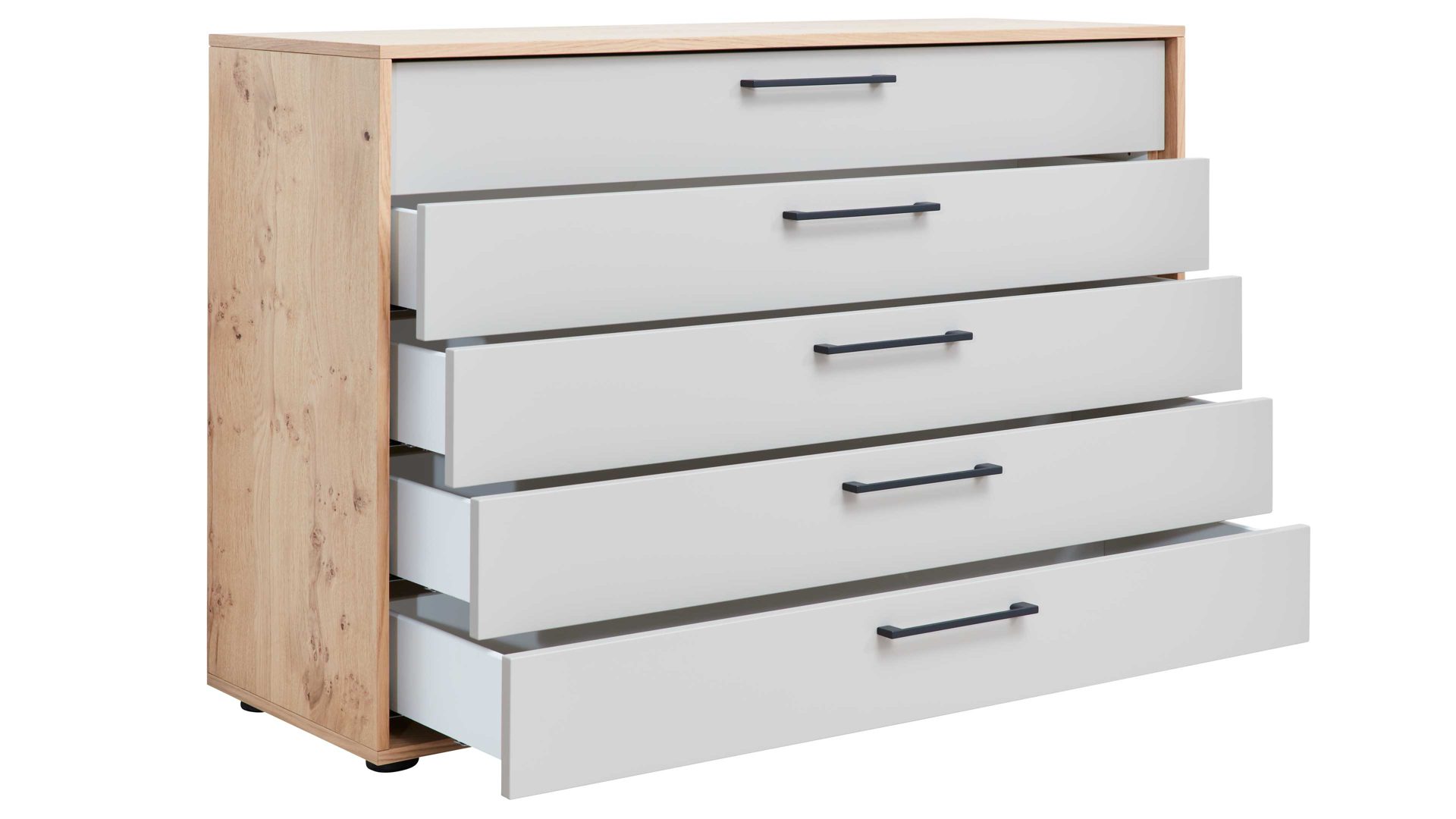 Schubladenkommode Interliving aus Holz in Weiß Interliving Schlafzimmer Serie 1023 – Schubladenkommode 55006 Weiß & Balkeneiche - fünf Schubladen, Breite ca. 124 cm