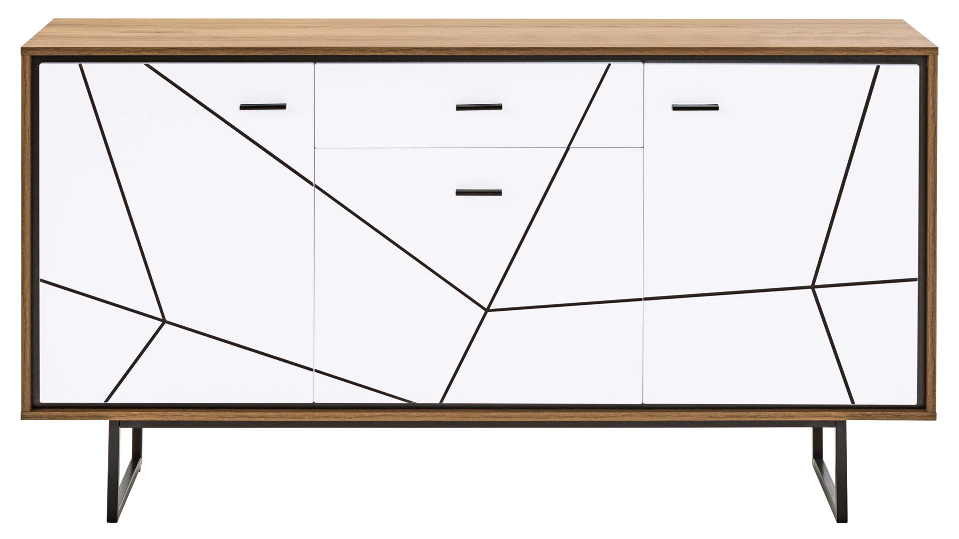 Sideboard Wojcik aus Holz in Weiß Sideboard Brolo Weiß, Catania Eiche & Schwarz - drei Türen, eine Schublade, Breite ca. 167 cm