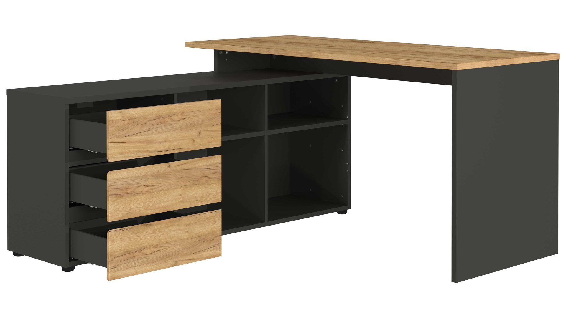Eckschreibtisch Germania aus Holz in Holzfarben Winkelschreibtisch Lissabon Graphit & Navarra-Eiche - drei Schübe, vier Fächer