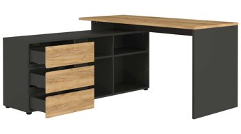 Eckschreibtisch Germania aus Holz in Holzfarben Winkelschreibtisch Lissabon Graphit & Navarra-Eiche - drei Schübe, vier Fächer