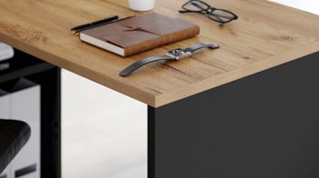 Eckschreibtisch Germania aus Holz in Holzfarben Winkelschreibtisch Lissabon Graphit & Navarra-Eiche - drei Schübe, vier Fächer