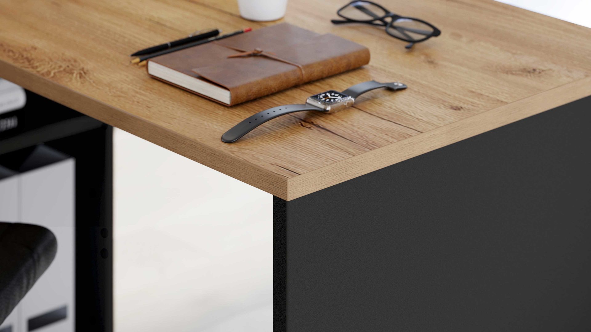 Eckschreibtisch Germania aus Holz in Holzfarben Winkelschreibtisch Lissabon Graphit & Navarra-Eiche - drei Schübe, vier Fächer