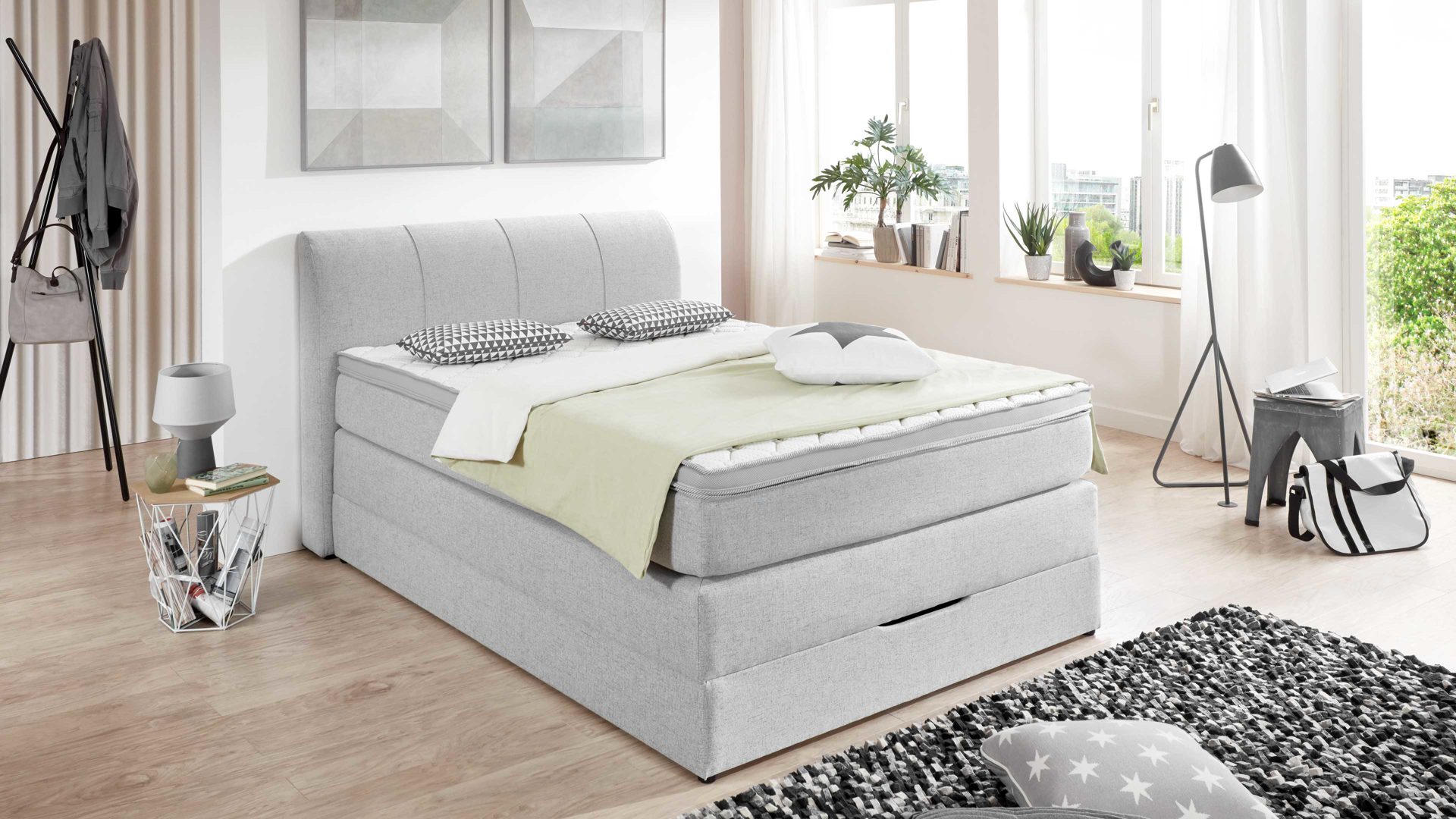 Boxspringbett Sun garden | 162739 aus Stoff in Hellgrau Boxspringbett Modesto hellgraues Flachgewebe MT50375-720 – Liegefläche ca. 140 x 200 cm