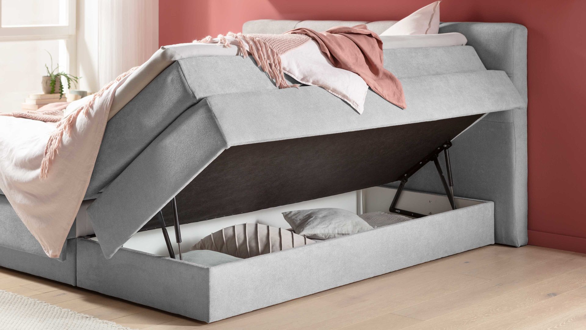 Boxspringbett Sun garden | 162739 aus Stoff in Hellgrau Boxspringbett Portage silbergrauer Stoffbezug 50456-720 – Liegefläche ca. 180 x 200 cm