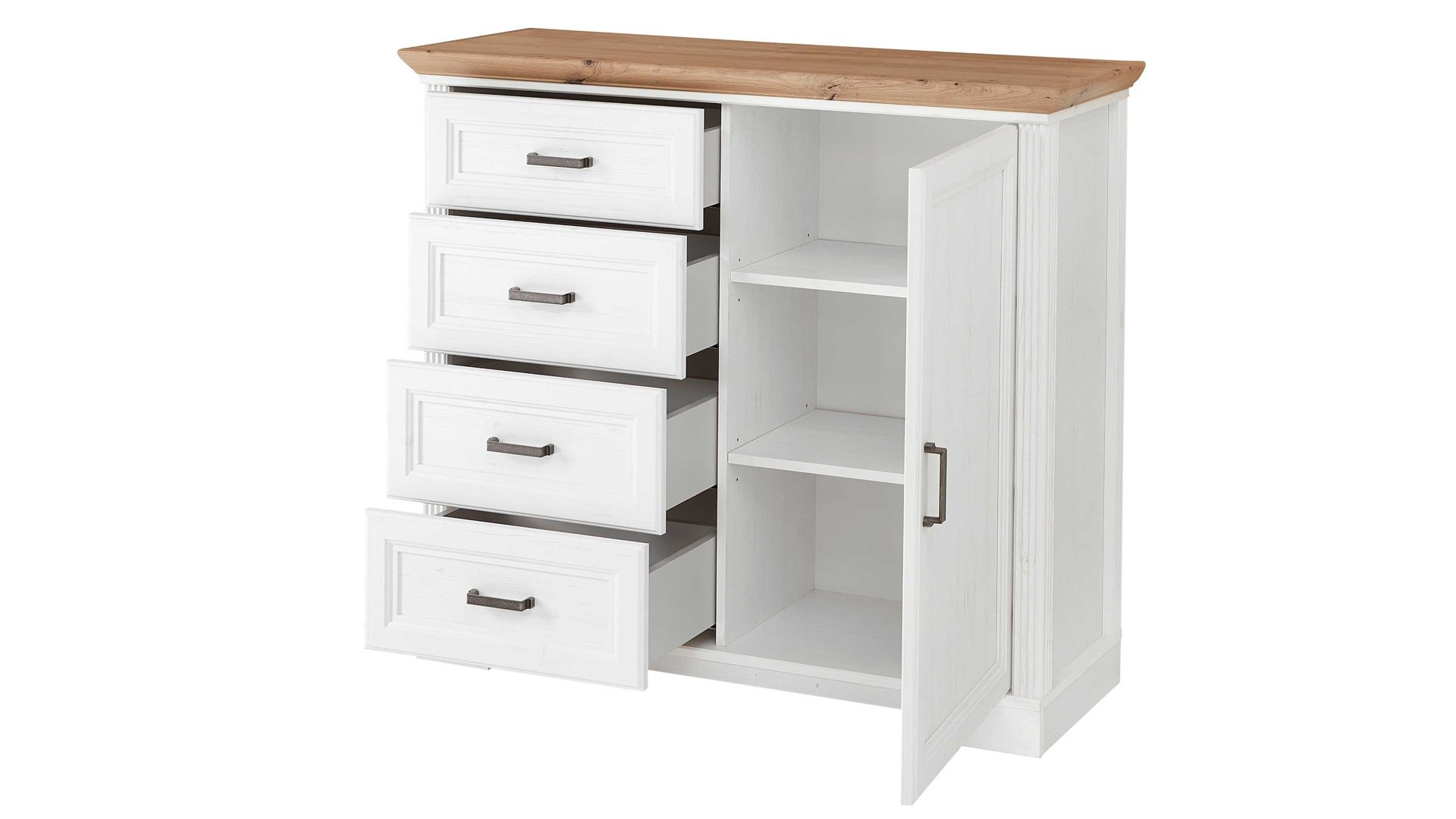 Kombikommode Innostyle aus Holz in Weiß Kommodenserie Jasmin - Kombikommode helle Pinie & Artisan Eiche – vier Schubladen & eine Tür, Breite ca. 115 cm
