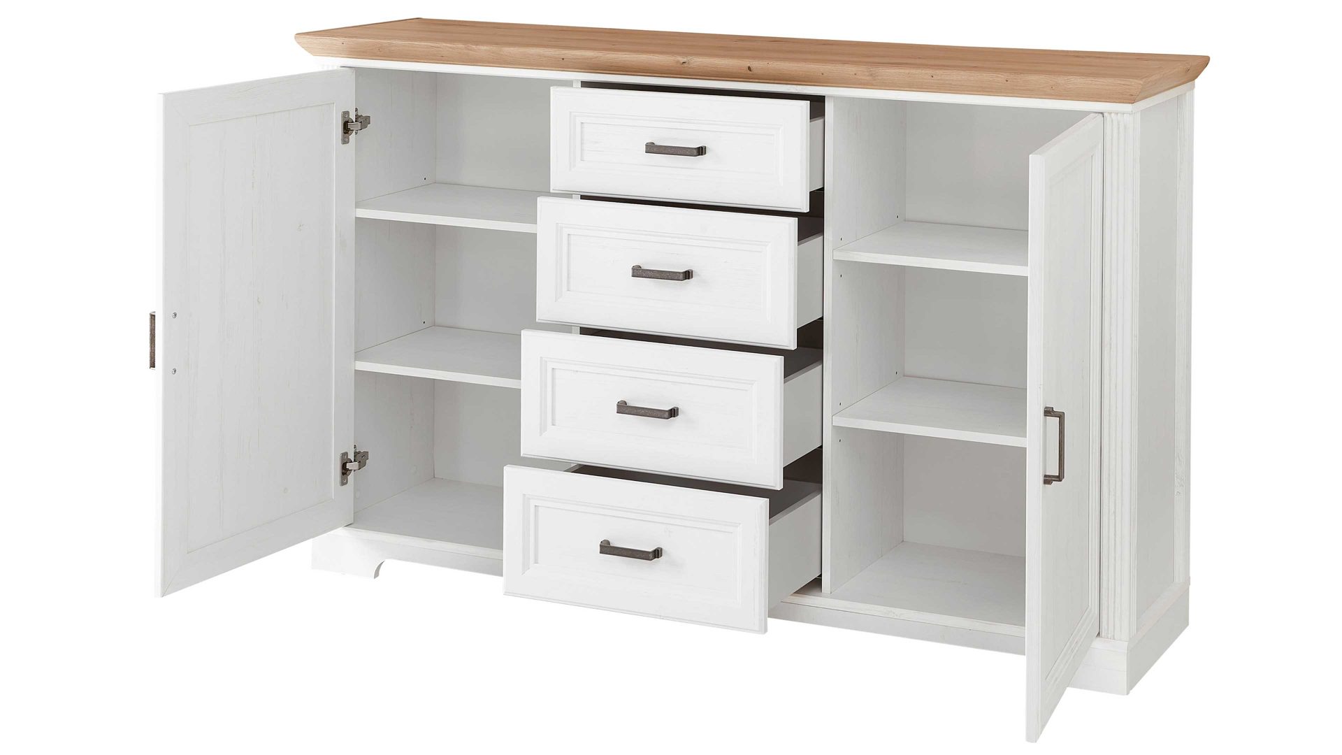 Sideboard Innostyle aus Holz in Weiß Kommodenserie Jasmin - Sideboard helle Pinie & Artisan Eiche – vier Schubladen & zwei Türen, Breite ca. 165 cm