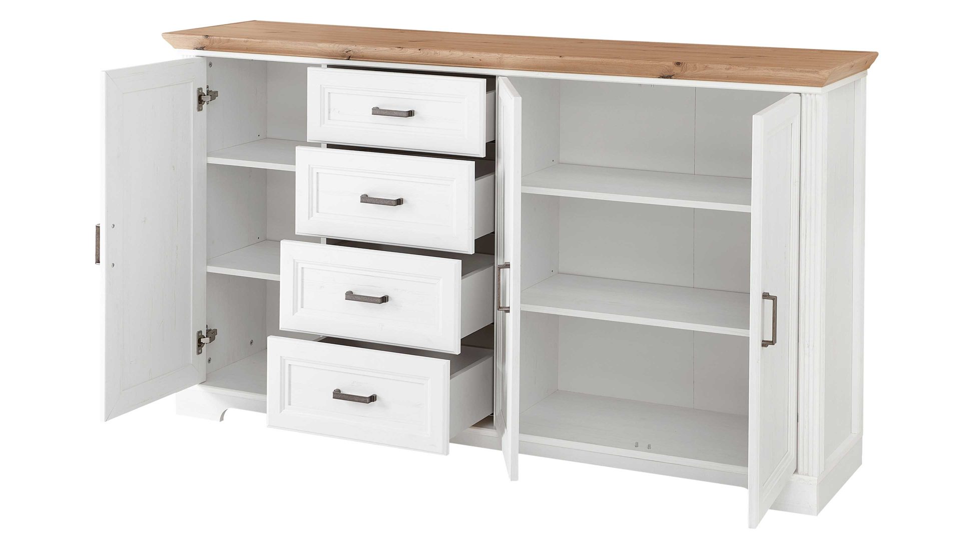 Sideboard Innostyle aus Holz in Weiß Kommodenserie Jasmin - Sideboard helle Pinie & Artisan Eiche – vier Schubladen & drei Türen, Breite ca. 182 cm