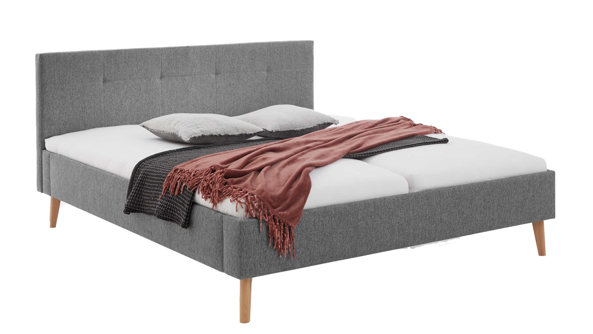 Bettgestell Meise.möbel aus Stoff in Hellgrau Polsterbettgestell Jazz mit gestepptem Kopfteil grauer Bezug Stelar 92 & Holzfüße - Liegefläche ca. 140 x 200 cm