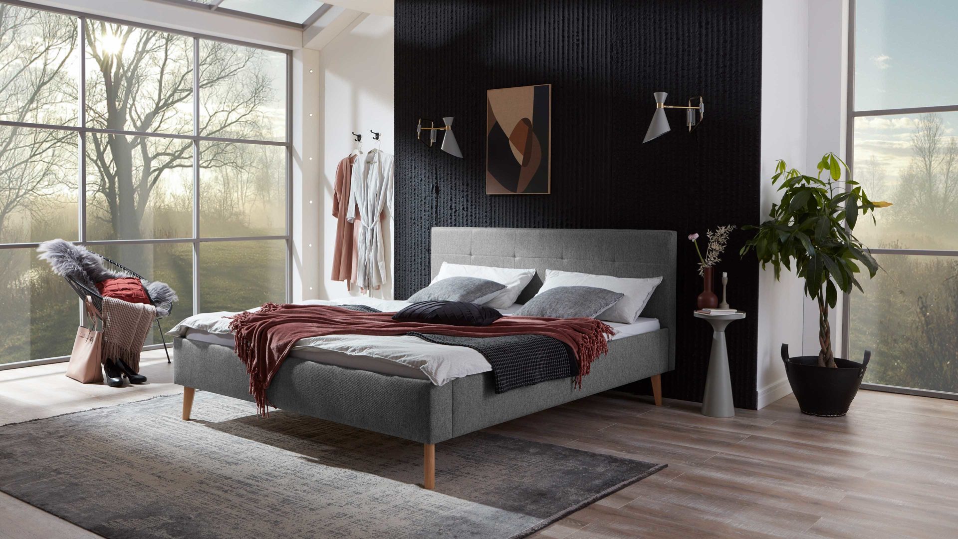 Bettgestell Meise.möbel aus Stoff in Hellgrau Polsterbettgestell Jazz mit gestepptem Kopfteil grauer Bezug Stelar 92 & Holzfüße - Liegefläche ca. 140 x 200 cm