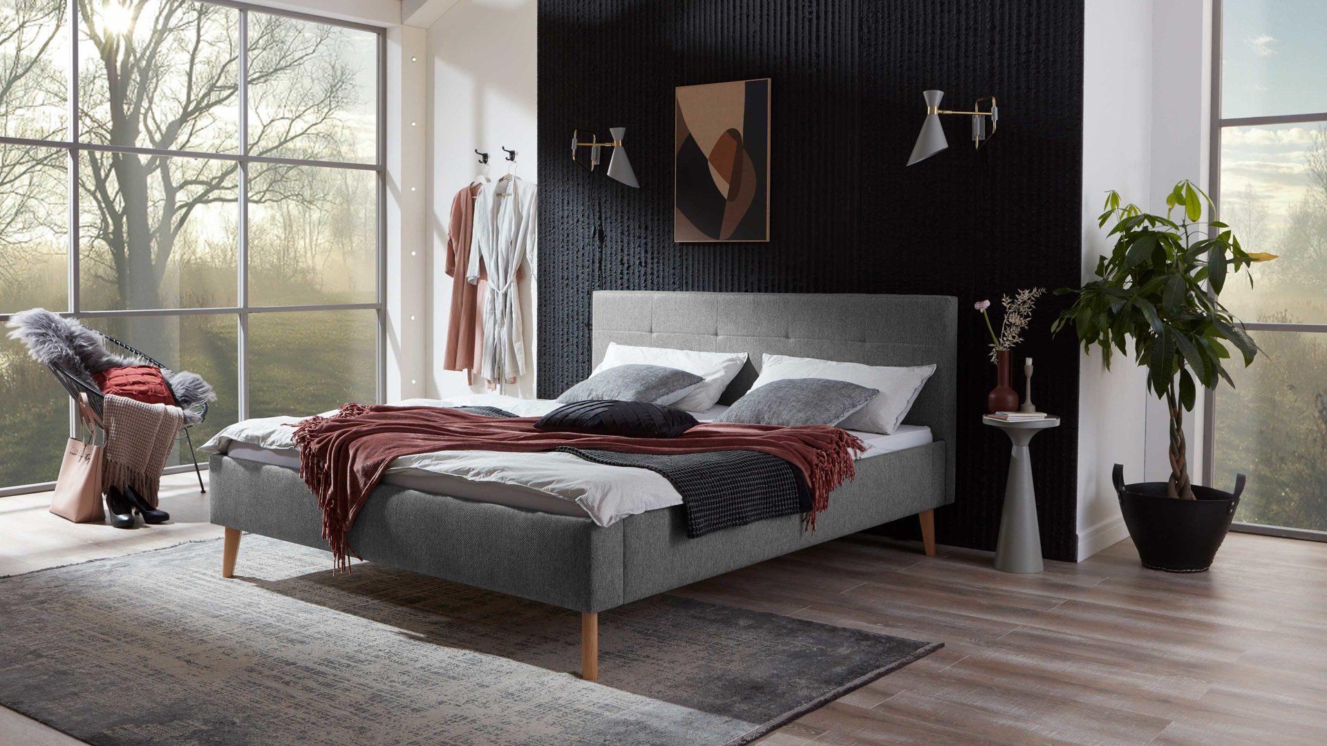 Bettgestell Meise.möbel aus Stoff in Hellgrau Polsterbettgestell Jazz mit gestepptem Kopfteil grauer Bezug Stelar 92 & Holzfüße - Liegefläche ca. 180 x 200 cm