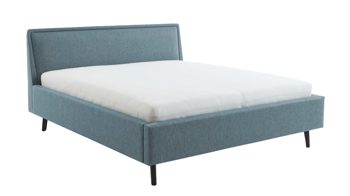Bettgestell Meise.möbel aus Stoff in Blau Polsterbettgestell Frieda mit Bettkasten oceanfarbener Bezug Stelar 39 & schwarze Holzfüße - Liegefläche ca. 140 x 200 cm