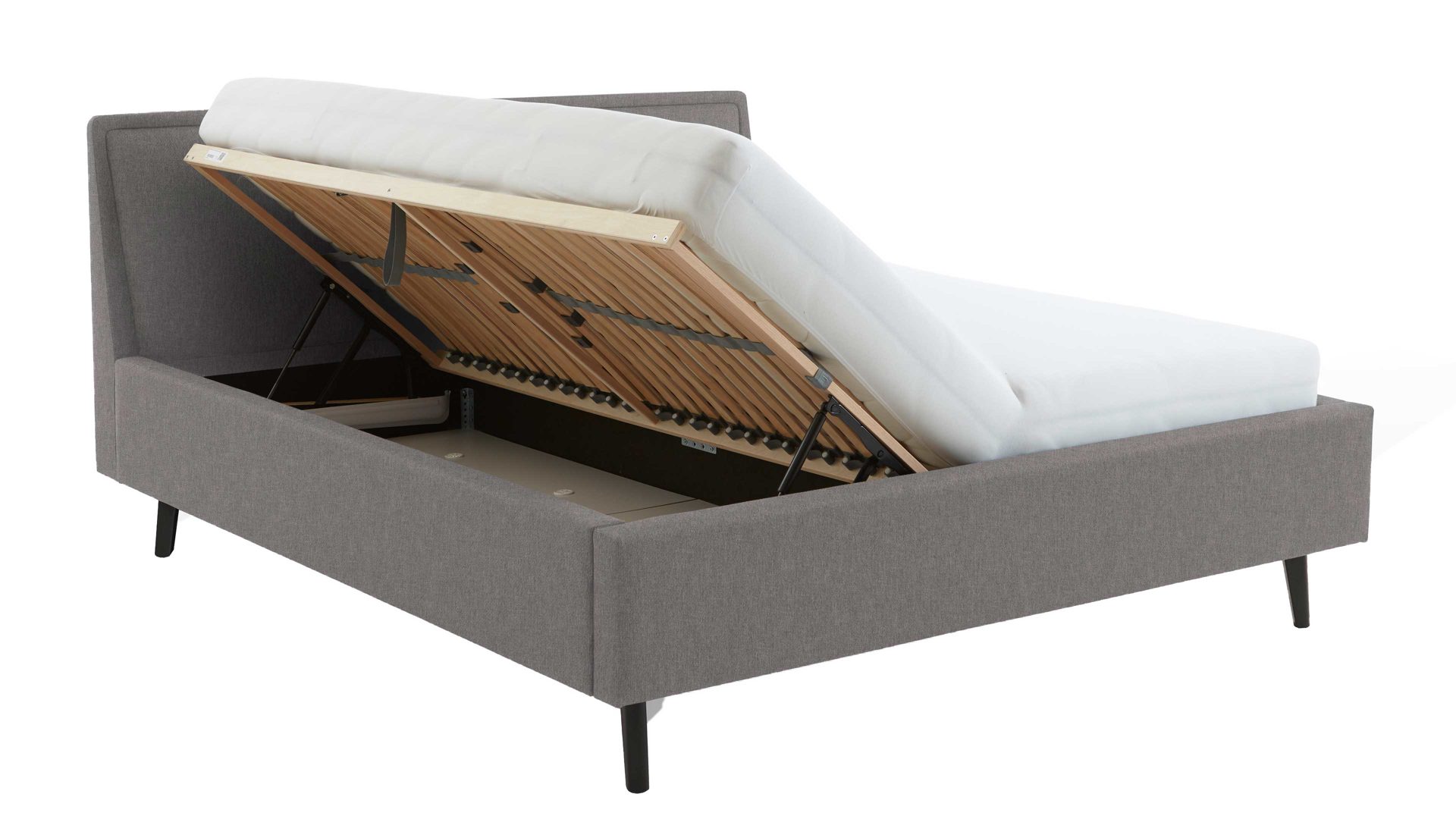 Bettgestell Meise.möbel aus Stoff in Hellgrau Polsterbettgestell Frieda mit Bettkasten hellgrauer Bezug Sawana 21 & schwarze Holzfüße - Liegefläche ca. 160 x 200 cm