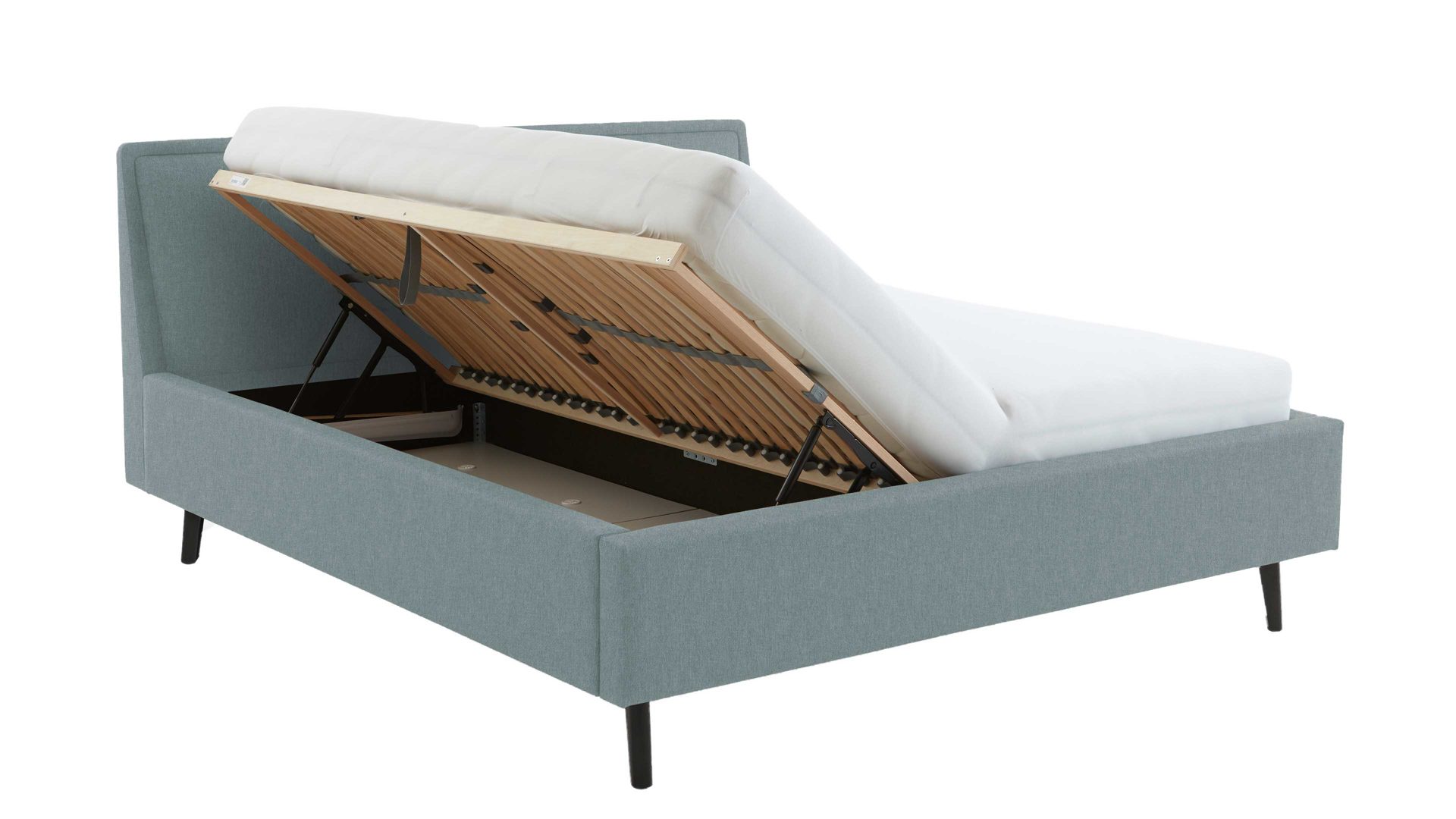 Bettgestell Meise.möbel aus Stoff in Hellblau Polsterbettgestell Frieda mit Bettkasten eisblauer Bezug Sawana 72 & schwarze Holzfüße - Liegefläche ca. 180 x 200 cm