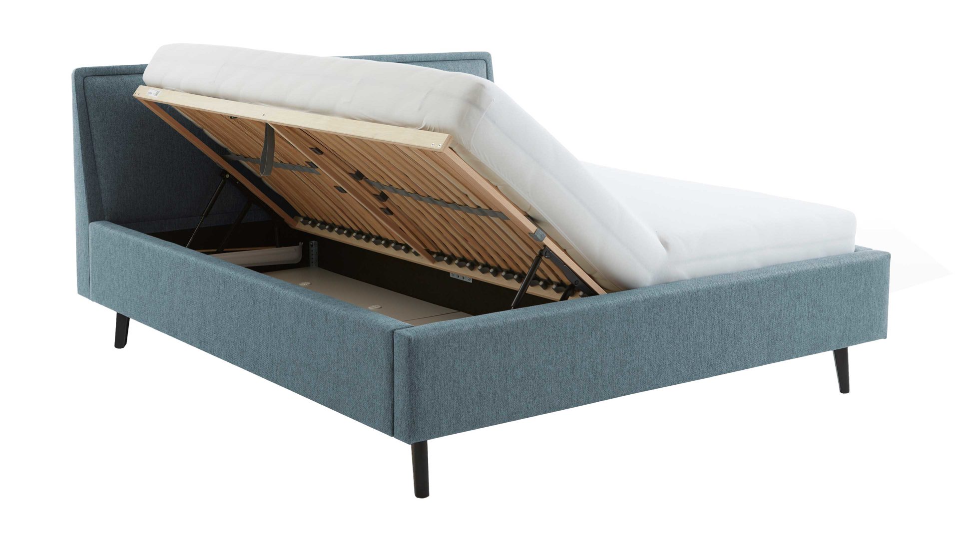 Bettgestell Meise.möbel aus Stoff in Blau Polsterbettgestell Frieda mit Bettkasten oceanfarbener Bezug Stelar 39 & schwarze Holzfüße - Liegefläche ca. 180 x 200 cm