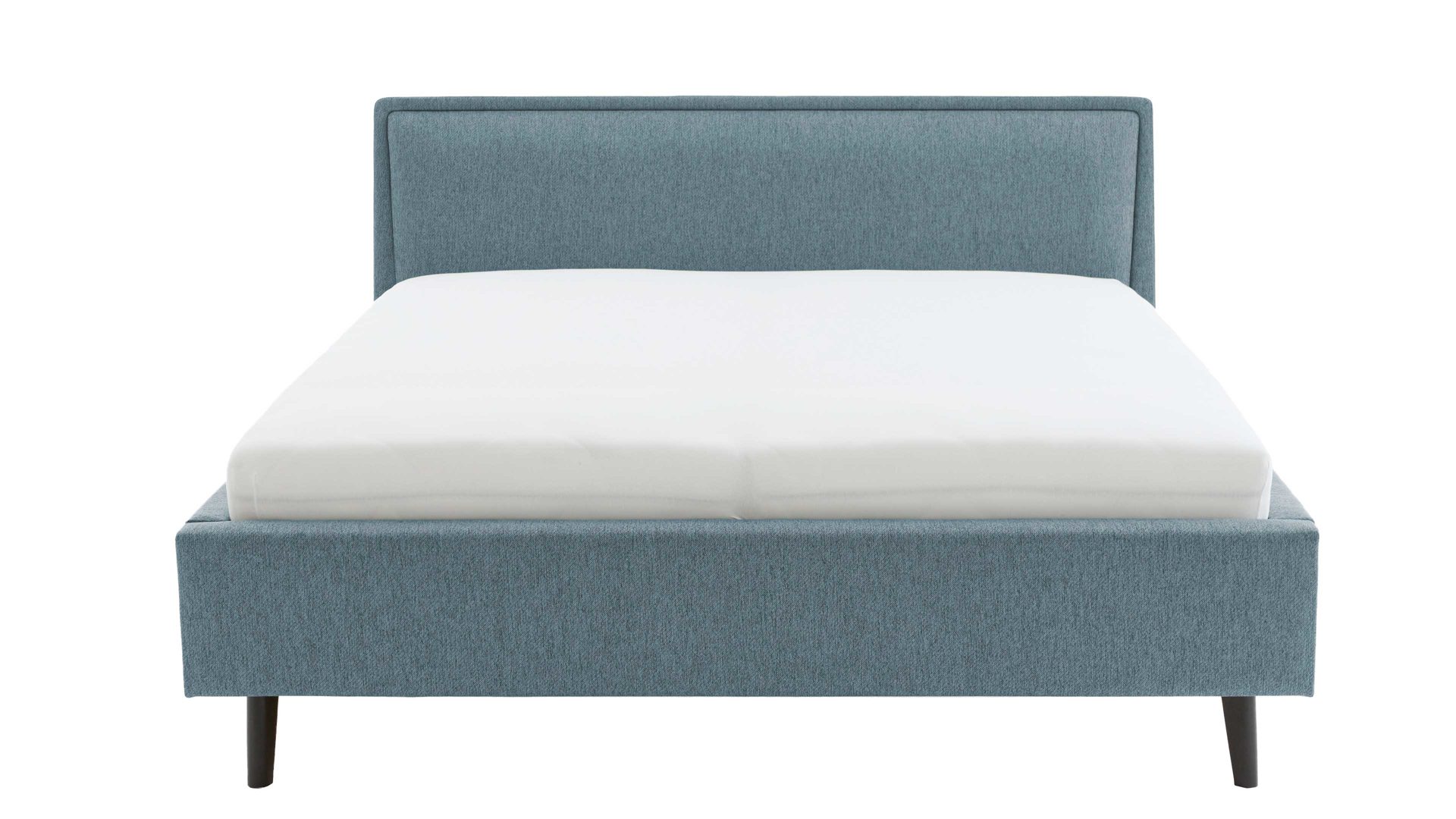 Bettgestell Meise.möbel aus Stoff in Blau Polsterbettgestell Frieda mit Bettkasten oceanfarbener Bezug Stelar 39 & schwarze Holzfüße - Liegefläche ca. 160 x 200 cm