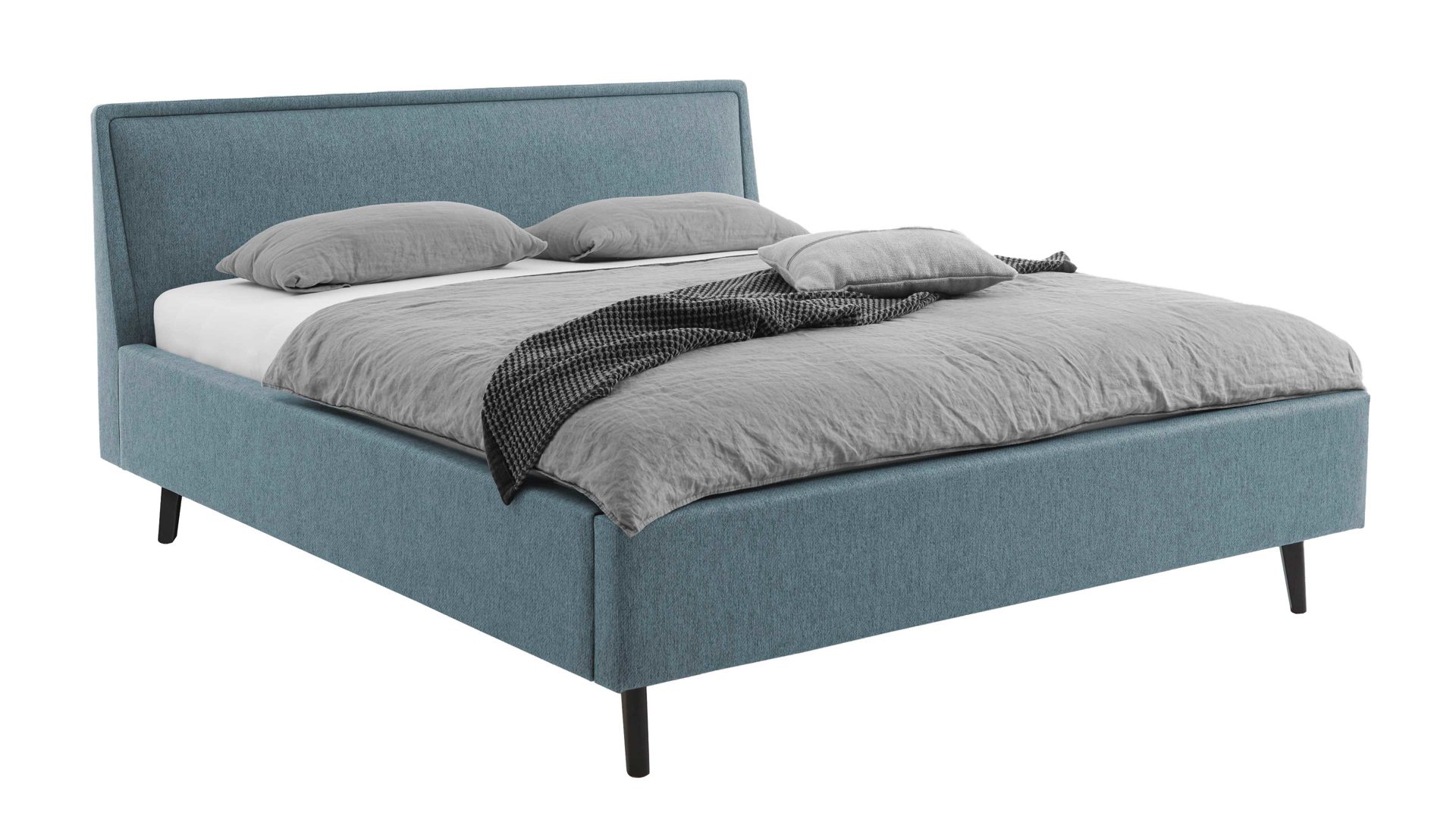 Bettgestell Meise.möbel aus Stoff in Blau Polsterbettgestell Frieda mit Bettkasten oceanfarbener Bezug Stelar 39 & schwarze Holzfüße - Liegefläche ca. 180 x 200 cm