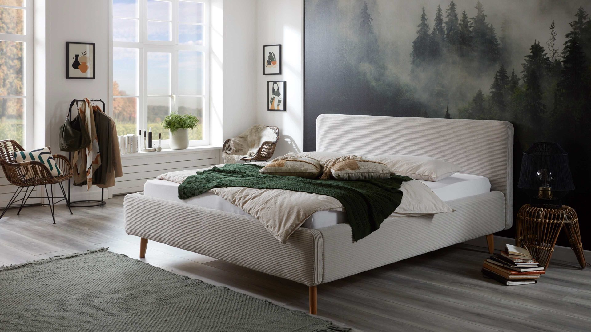 Bettgestell Meise.möbel aus Stoff in Beige Polsterbettgestell Mattis mit Bettkasten beiger Breitcord Poso 100 & Holzfüße - Liegefläche ca. 180 x 200 cm