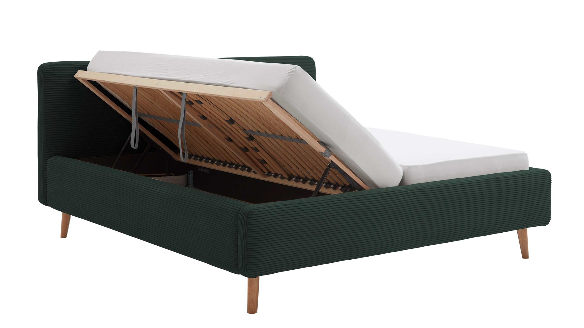 Bettgestell Meise.möbel aus Stoff in Dunkelgrün Polsterbettgestell Mattis mit Bettkasten dunkelgrüner Breitcord Poso 14 & Holzfüße - Liegefläche ca. 180 x 200 cm