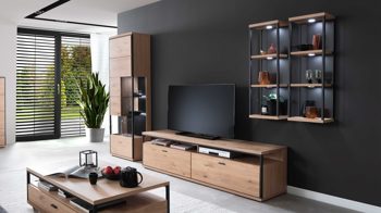 Wohnwand Mca direkt aus Holz in Holzfarben Wohnprogramm Bari - Wohnwand Asteiche Bianco – vierteilig, Breite ca. 300 cm