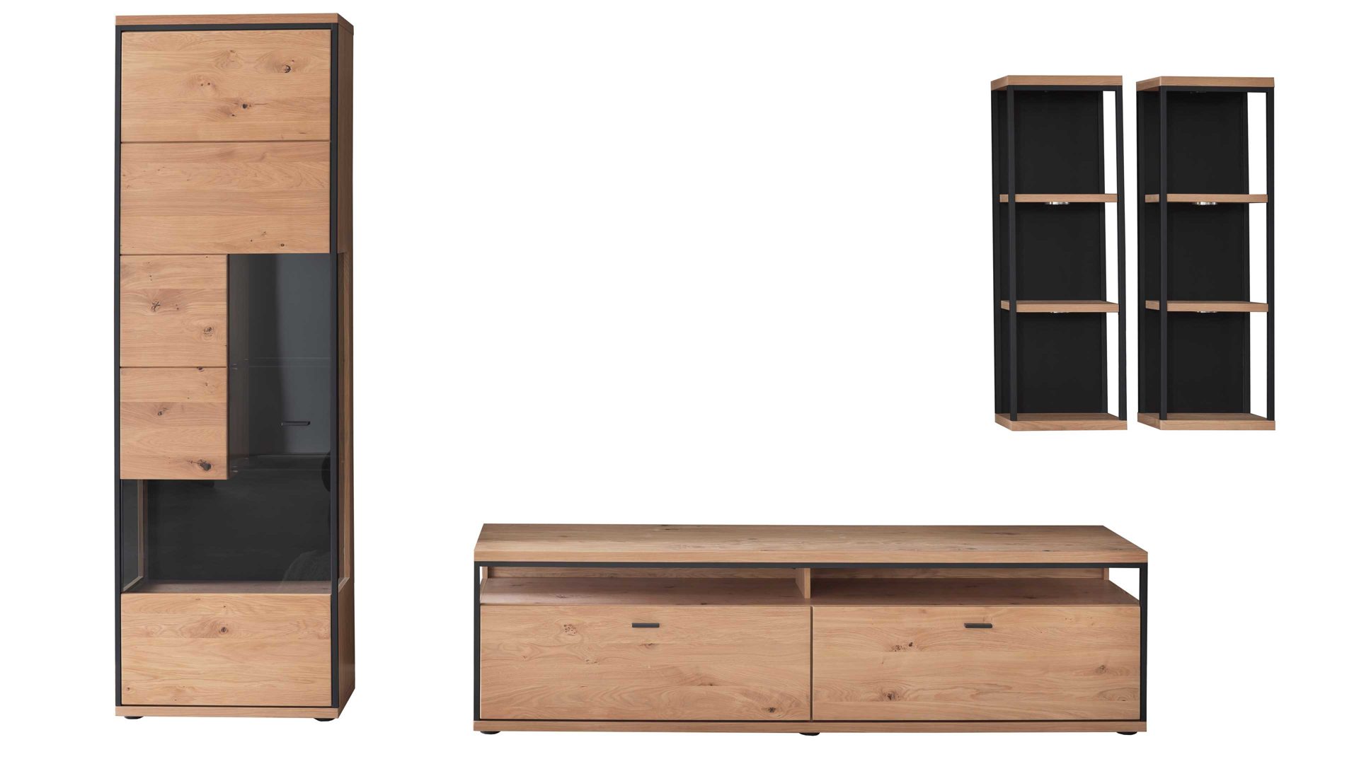 Wohnwand Mca furniture aus Holz in Holzfarben Wohnprogramm Bari - Wohnwand Asteiche Bianco – vierteilig, Breite ca. 300 cm