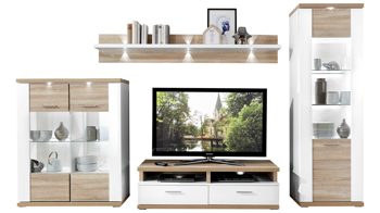 Wohnwand Ideal möbel aus Holz in Weiß Wohnprogramm Manhattan - Wohnwand mit TV-Möbel Weiß & Eiche sägerau – vierteilig, Breite ca. 330 cm