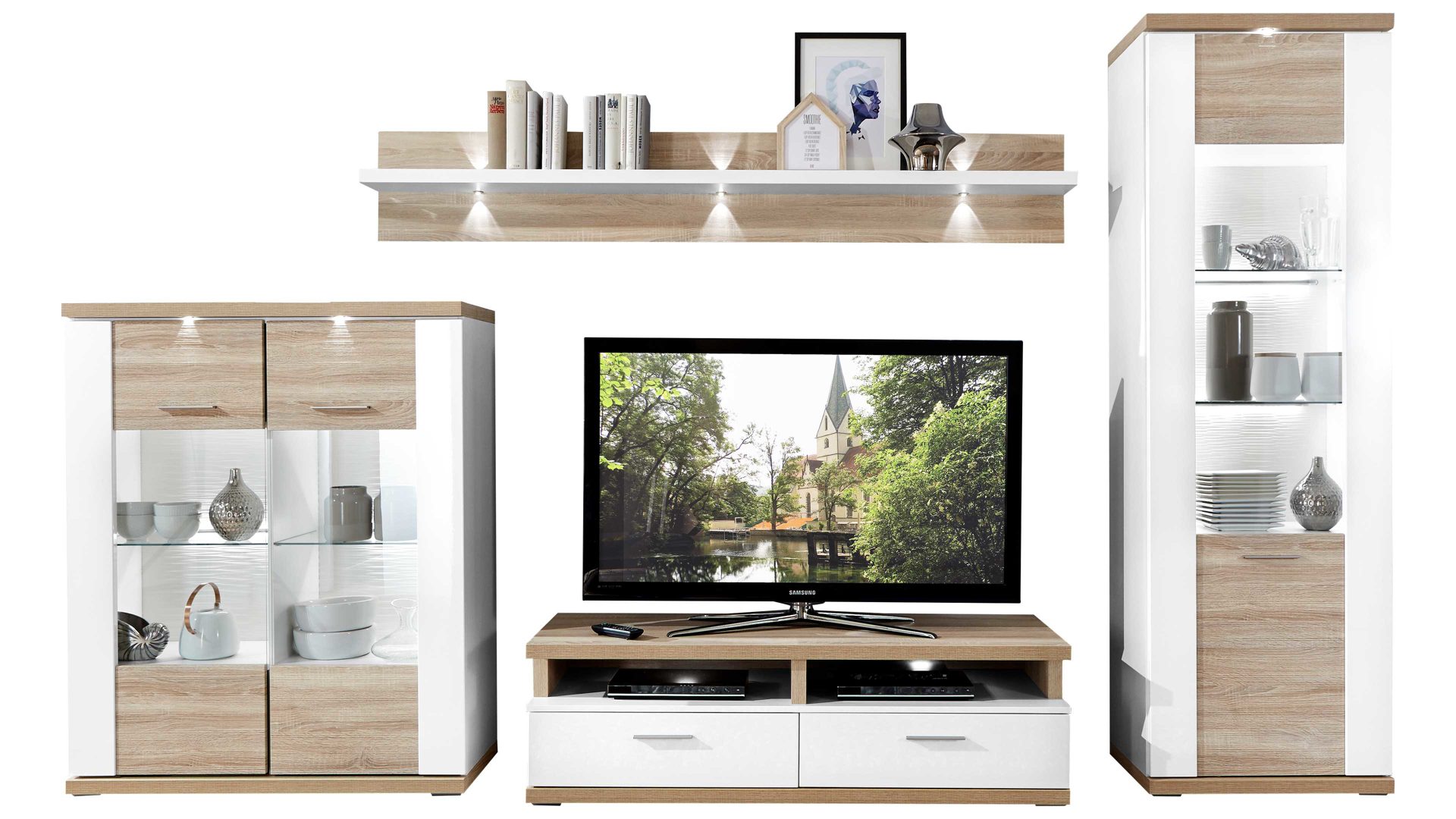 Wohnwand Ideal möbel aus Holz in Weiß Wohnprogramm Manhattan - Wohnwand mit TV-Möbel Weiß & Eiche sägerau – vierteilig, Breite ca. 330 cm