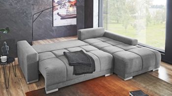 Ecksofa A. z. iwaniccy aus Stoff in Hellgrau Ecksofa mit Schlaffunktion hellgrauer Bezug Camaro 08 & silberfarbene Füße - Stellfläche ca. 269 x 190 cm
