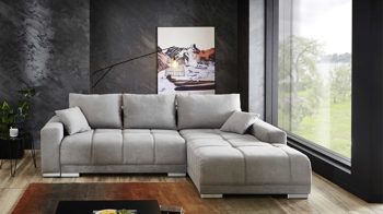 Ecksofa A. z. iwaniccy aus Stoff in Hellgrau Ecksofa mit Schlaffunktion hellgrauer Bezug Camaro 08 & silberfarbene Füße - Stellfläche ca. 269 x 190 cm
