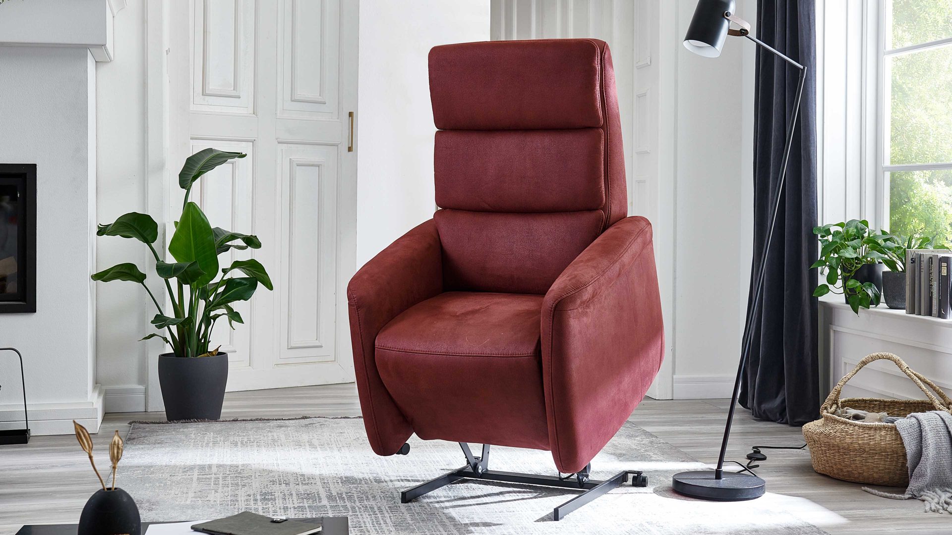 Relaxsessel OrthoSedis aus Kunstfaser in Rot OrthoSedis OS-HU1043 - Relaxsessel A8 mit Aufstehhilfe und Federkern weinrote Mikrofaser Deluxe - Ergonomie S