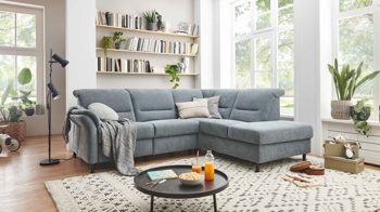 Ecksofa modulmaster aus Stoff in Hellblau Modulmaster MM-ZE1148 - Ecksofa stahlfarbener Bezug Milano & Fuß Z002-M01 - Stellfläche ca. 254 x 209 cm