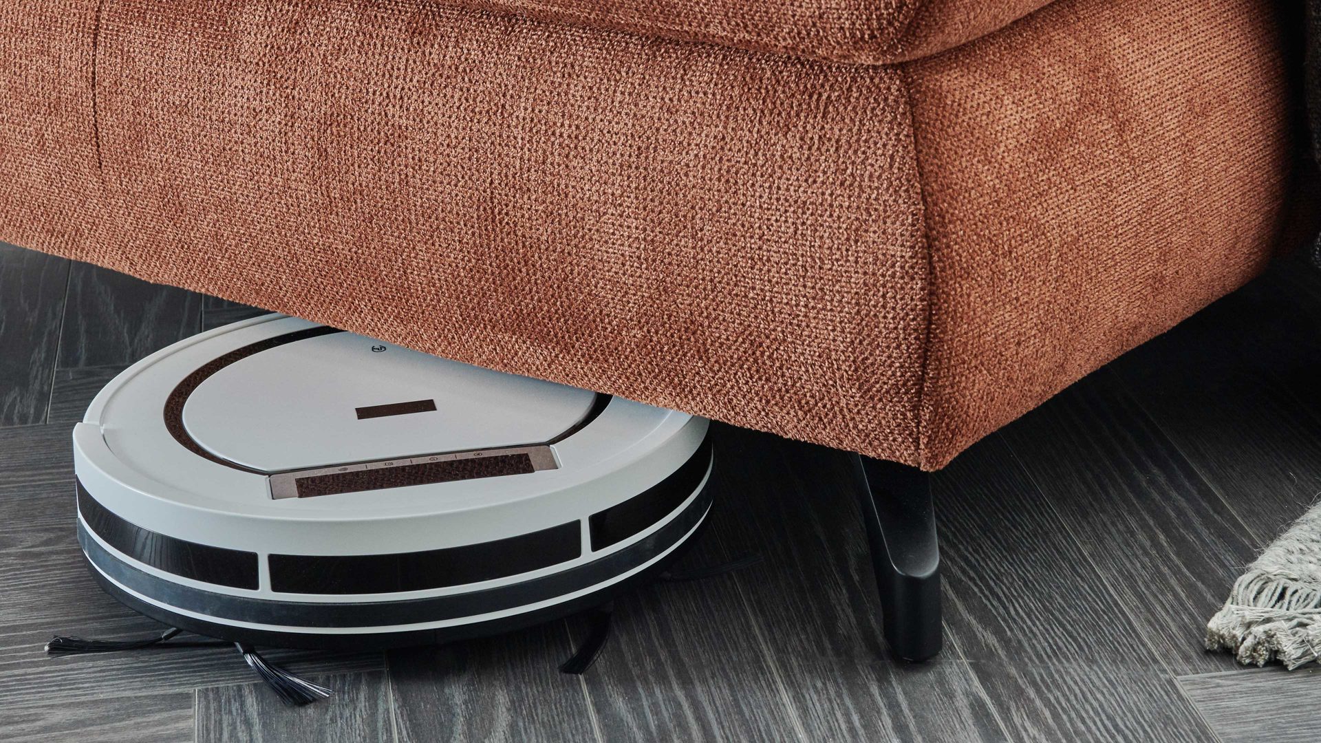 Ecksofa KAWOO aus Stoff in Orange KAWOO Polsterprogramm Torino XC - Ecksofa kupferfarbenes Flachgewebe Paris 83 & schwarze Metallfüße – Stellfläche ca. 312 x 186 cm